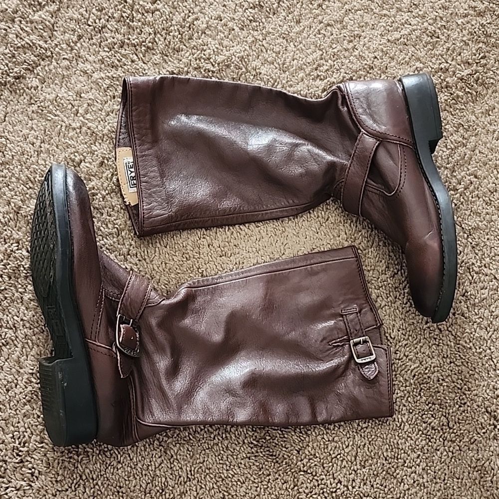 Frye boys 3 pull on leather buckle boots shoes mid calf closed toe heeled brown